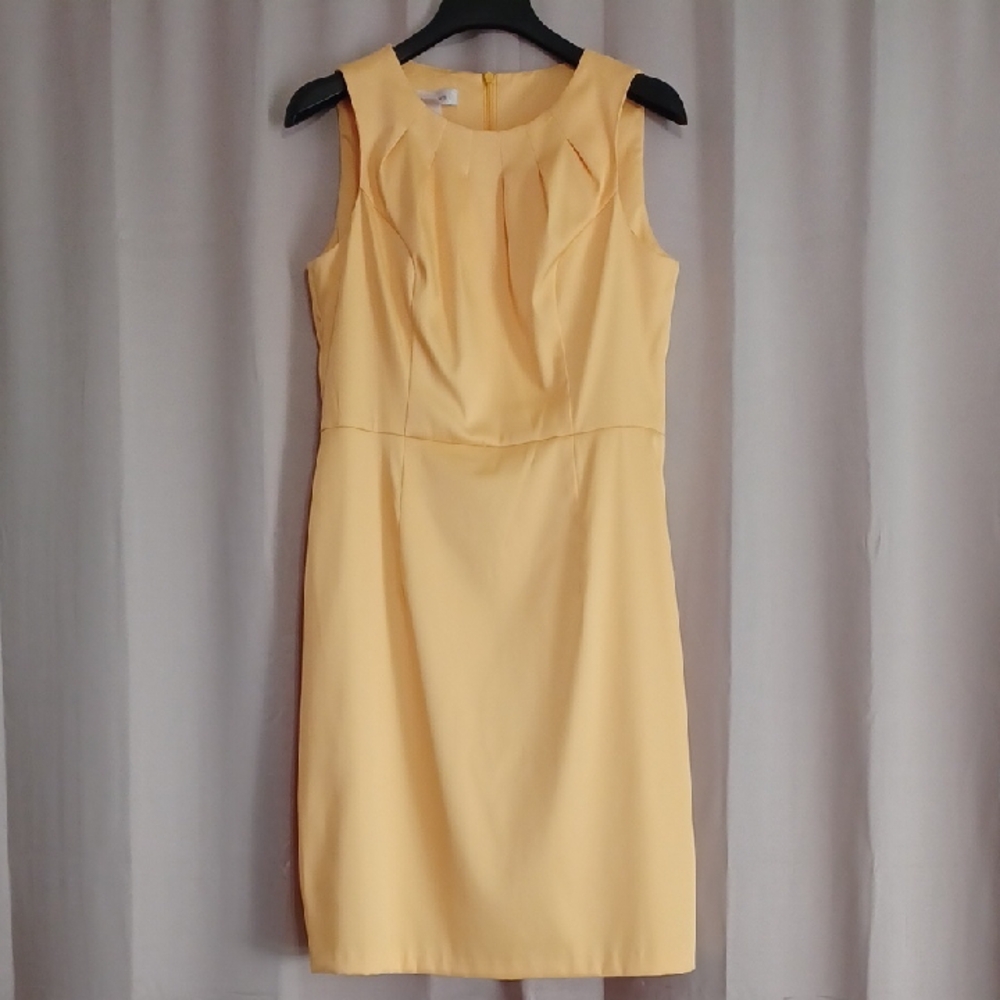 Dressbarn Sunlit Yellow Sleeveless Sheath Dress Pleated Bodice Back Vent Slit